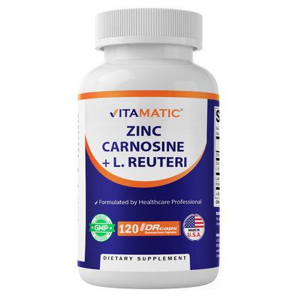 Zinc Carnosine with L. Reuteri 10 Billion CFU & Prebiotic Inulin 264 mg Digestive & Gut Health Support* - 120 Delayed-Release Capsules