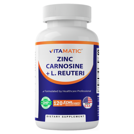 Zinc Carnosine with L. Reuteri 10 Billion CFU & Prebiotic Inulin 264 mg Digestive & Gut Health Support* - 120 Delayed-Release Capsules