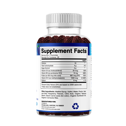 Vitamin D3 + B12 Gummies – Natural Blue Raspberry Flavor – 60 Gummies