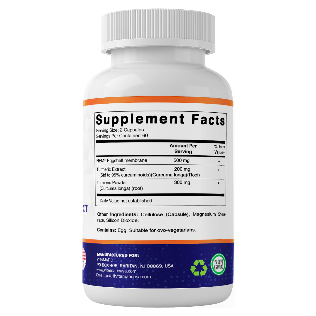 Eggshell Membrane (NEM) with Turmeric Extract | 1000 mg Per Serving | 120 Vegetarian Capsules | Non-GMO | Made in USA