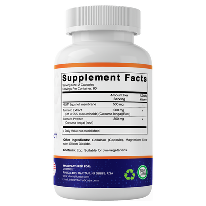 Eggshell Membrane (NEM) with Turmeric Extract | 1000 mg Per Serving | 120 Vegetarian Capsules | Non-GMO | Made in USA