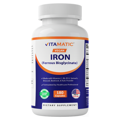 Vitamatic Vegan Iron with Vitamin C, B6, B12 & Folic Acid | Plus Spinach, Broccoli, Beetroot & Kale | 180 Capsules | Non-GMO, Gluten-Free, Sugar-Free | Made in USA