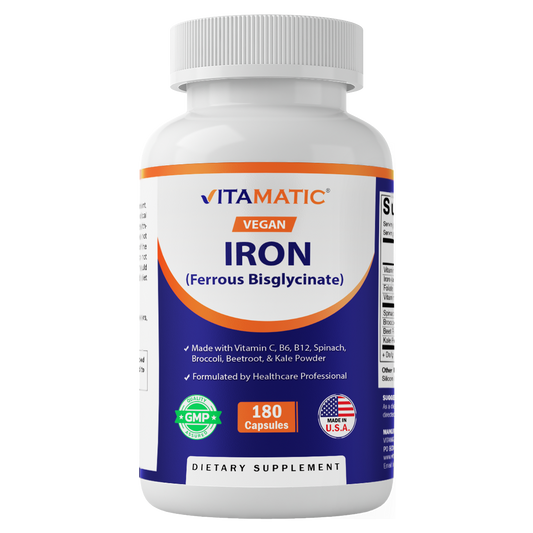 Vitamatic Vegan Iron with Vitamin C, B6, B12 & Folic Acid | Plus Spinach, Broccoli, Beetroot & Kale | 180 Capsules | Non-GMO, Gluten-Free, Sugar-Free | Made in USA
