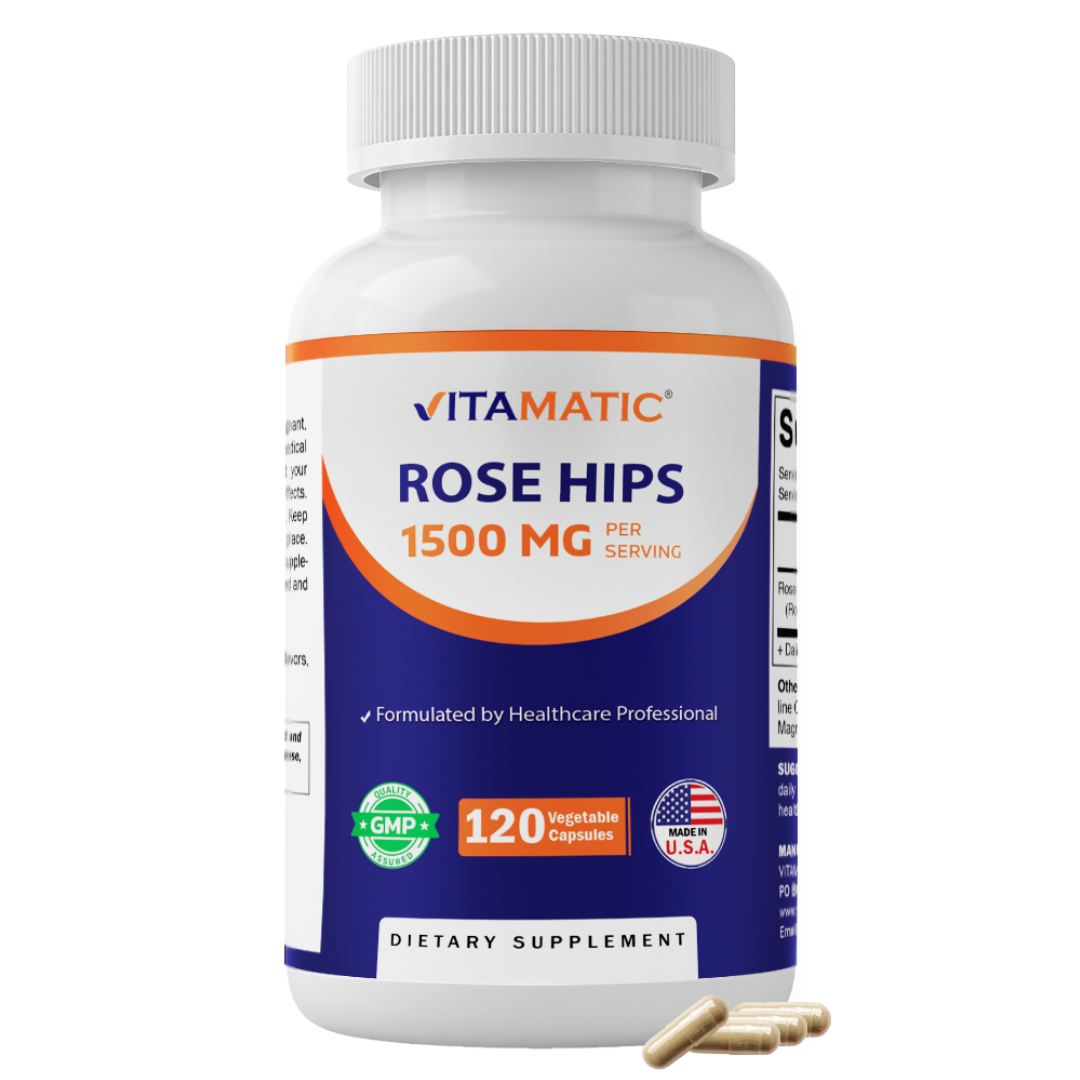 Vitamatic Rose Hips 1500 mg per Serving (Rosa Canina) – 120 Capsules – Non-GMO, Gluten Free Herbal Supplement – Rich in Natural Vitamin C & Antioxidants – Immune Support – Made in USA