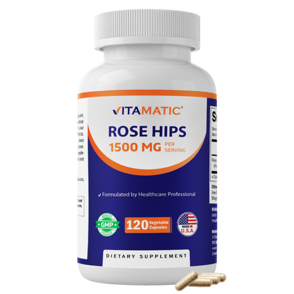 Vitamatic Rose Hips 1500 mg per Serving (Rosa Canina) – 120 Capsules – Non-GMO, Gluten Free Herbal Supplement – Rich in Natural Vitamin C & Antioxidants – Immune Support – Made in USA