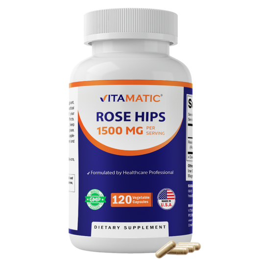 Vitamatic Rose Hips 1500 mg per Serving (Rosa Canina) – 120 Capsules – Non-GMO, Gluten Free Herbal Supplement – Rich in Natural Vitamin C & Antioxidants – Immune Support – Made in USA