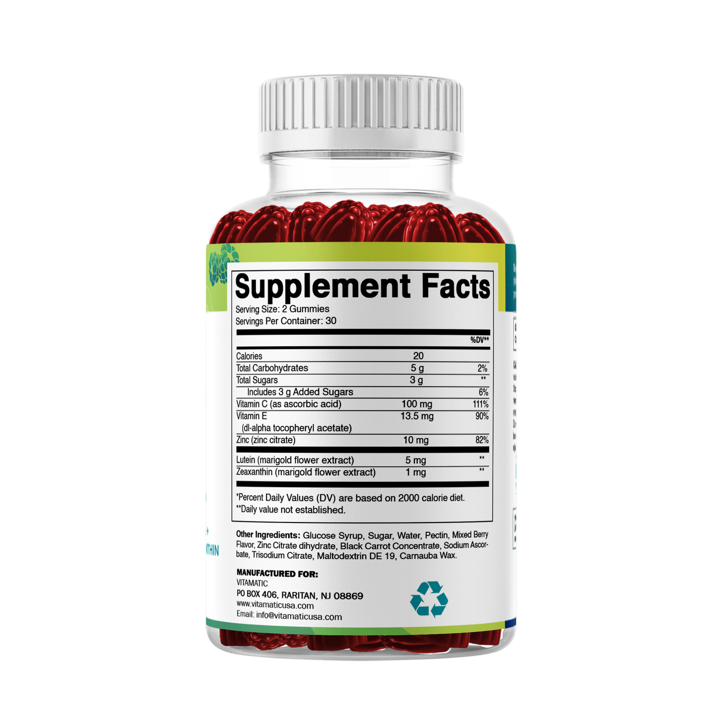 Vitamatic Eye Health Gummies with Lutein, Zeaxanthin, Vitamin C, E & Zinc – Mixed Berry Flavor – 60 Gummies