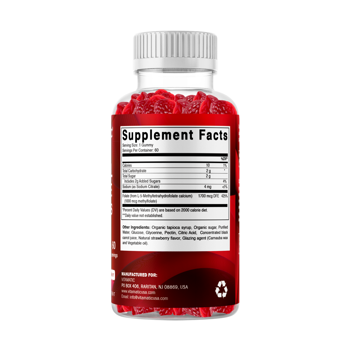 Methylfolate Gummies 1000 mcg – Active 5-MTHF Form – Natural Strawberry Flavor – 60 Gummies