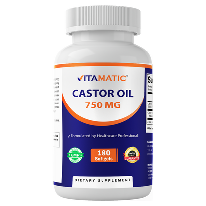 Vitamatic Castor Oil Softgels 750 mg | Cold Pressed | 180 Softgels | Easy-to-Swallow