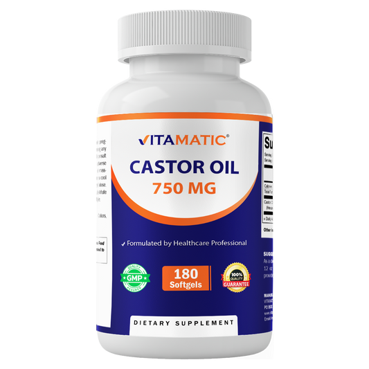 Vitamatic Castor Oil Softgels 750 mg | Cold Pressed | 180 Softgels | Easy-to-Swallow