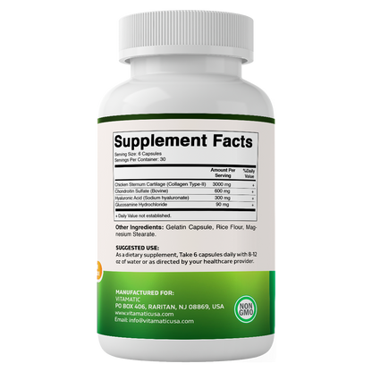 Chicken Collagen 3000 mg (Per Serving) with Glucosamine, Chondroitin & Hyaluronic Acid | 180 Capsules