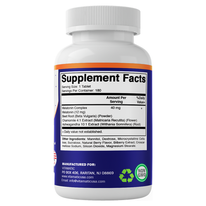 Vitamatic Fast Dissolve Melatonin Complex 40 mg – Natural Berry Flavor – 180 Tablets