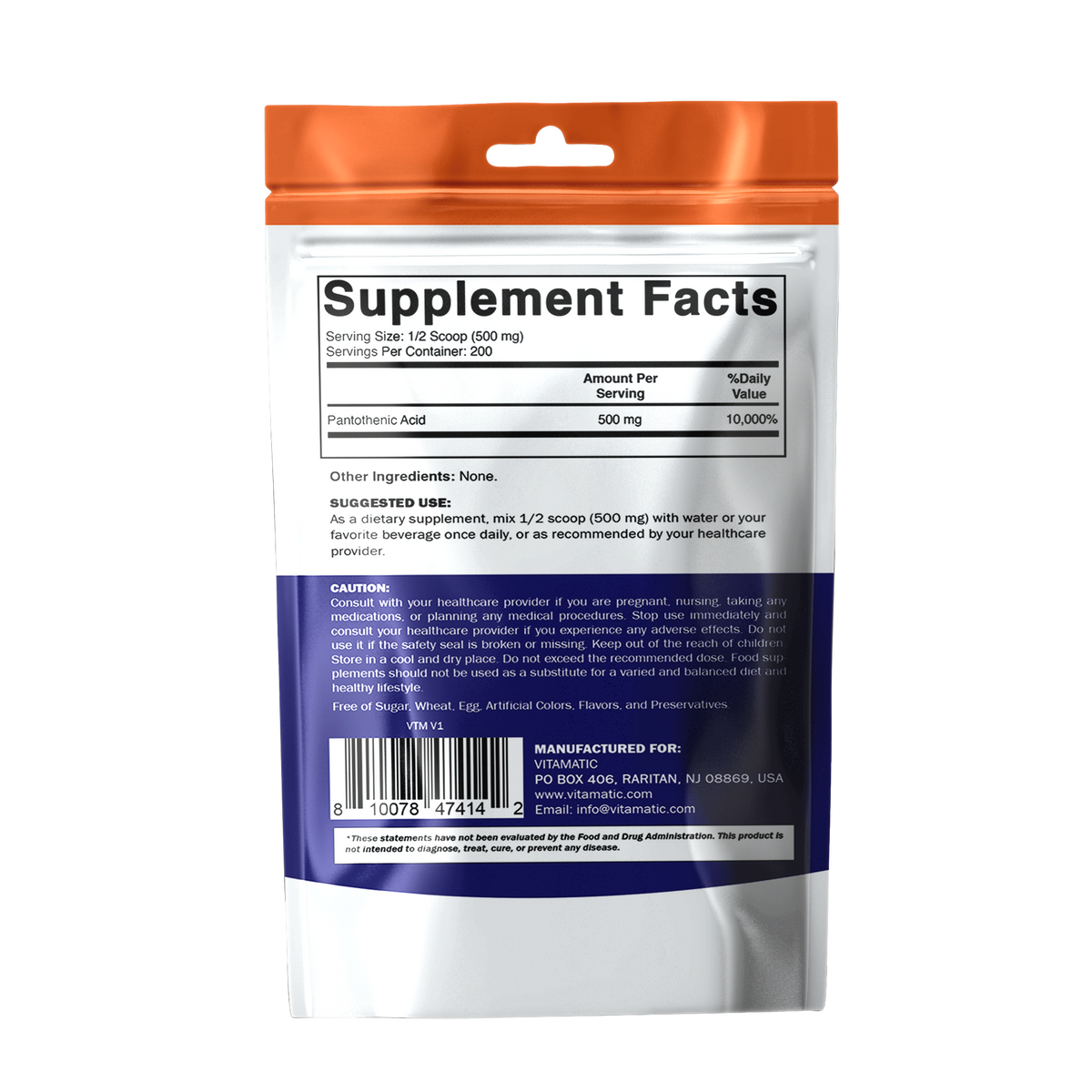 Pantothenic Acid Powder 500mg Per Serving, 100g Pouch