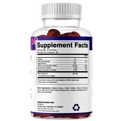 Vitamatic Elderberry Gummies with Vitamin C & Zinc – Mixed Berry Flavor– 60 Gummies