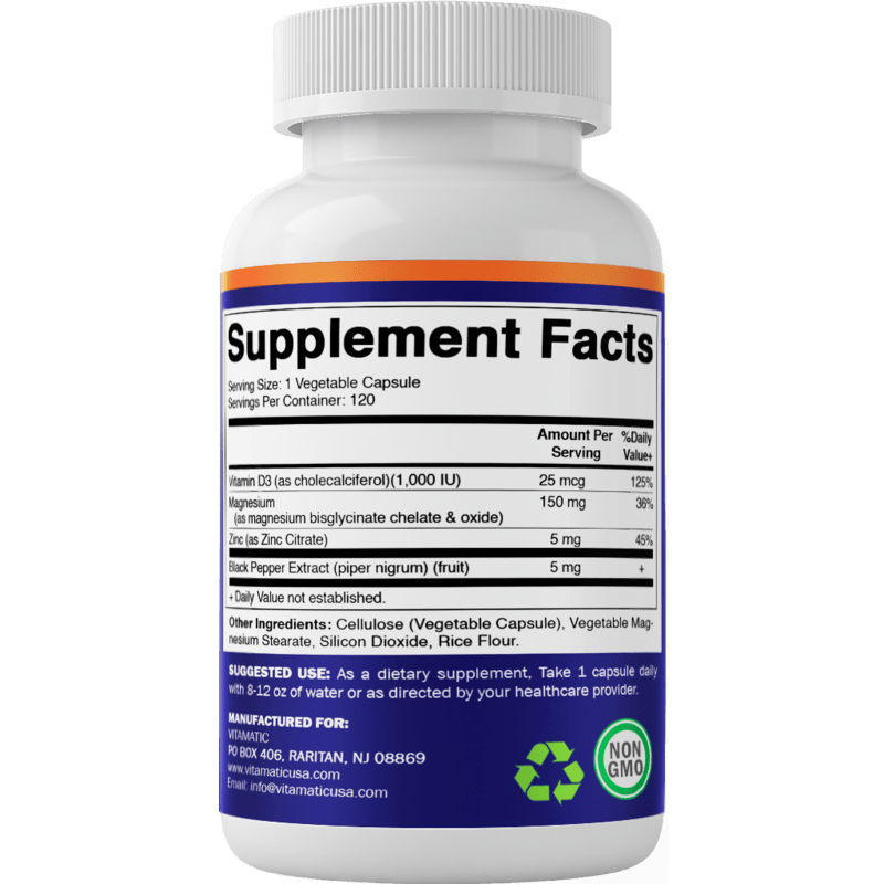 Vitamatic Magnesium (from Bisglycinate & Oxide) with Vitamin D3 & Zinc - 120 Veg Capsules