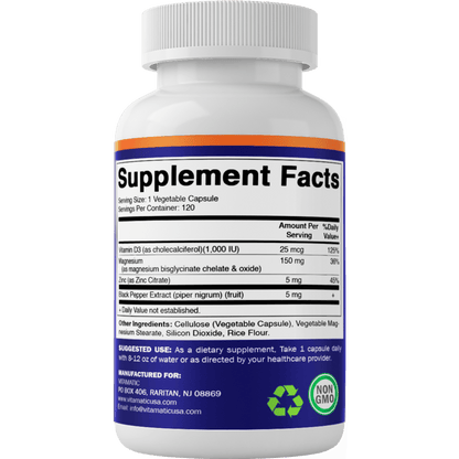 Vitamatic Magnesium (from Bisglycinate & Oxide) with Vitamin D3 & Zinc - 120 Veg Capsules