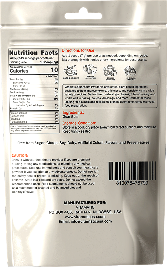 Vitamatic Guar Gum Powder 1 kg (2.2 lb) – Plant-Based Thickener & Stabilizer – Non-GMO, Gluten Free – Ideal for Baking, Cooking & Food Preparation