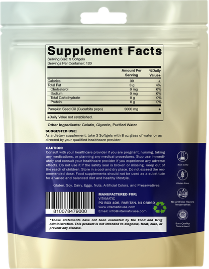 Vitamatic Pumpkin Seed Oil 3000 mg per Serving, 360 Softgels – Cold Pressed Supplement, Non-GMO, Gluten Free