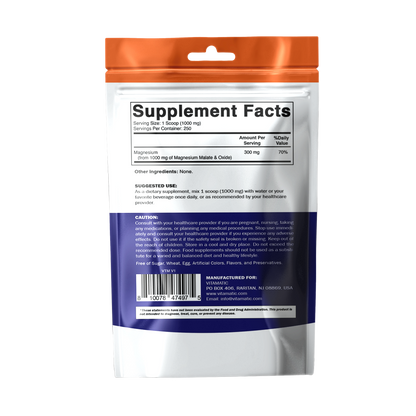 Magnesium Malate Powder 1000mg Per Serving, 250g Pouch