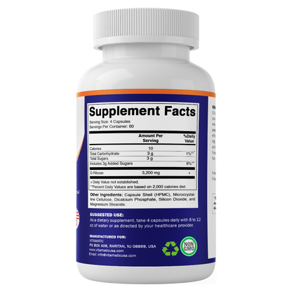 D-Ribose 3200 mg per Serving – 240 Vegetarian Capsules