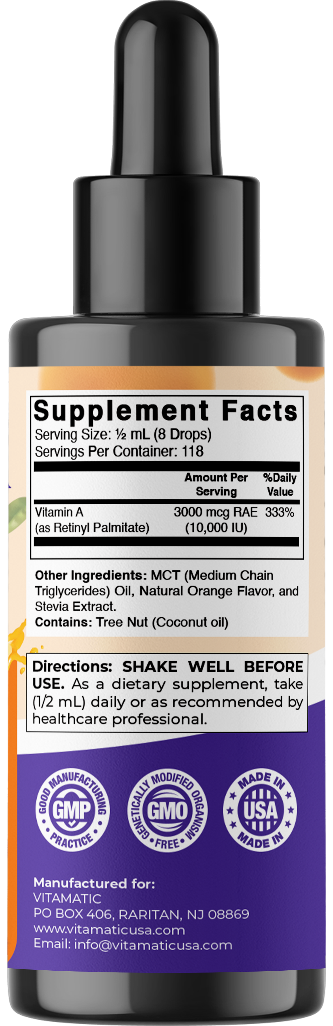 Vitamin A Liquid Drops 10000 IU (3000 mcg) as Retinyl Palmitate - 2 FL OZ (59 ml)