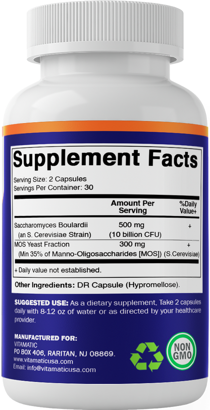 Saccharomyces Boulardii Probiotic 10B per Serving + Yeast Extract 300 mg- 60 DR Capsules
