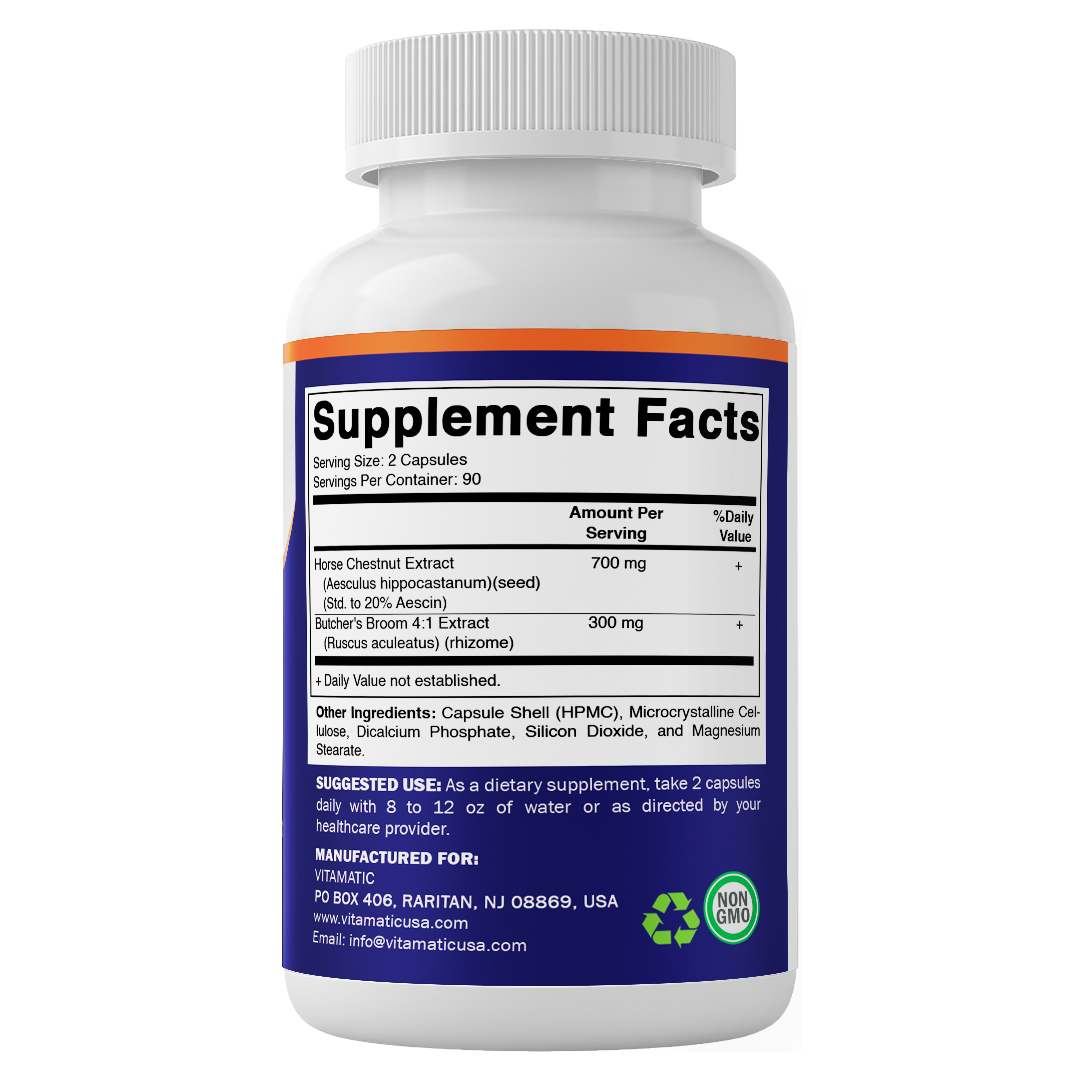 Horse Chestnut Extract 700 mg (Standardized 20% Aescin) with Butcher’s Broom 4:1 Extract 300 mg 180 Capsules