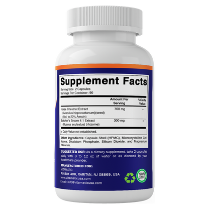 Horse Chestnut Extract 700 mg (Standardized 20% Aescin) with Butcher’s Broom 4:1 Extract 300 mg 180 Capsules