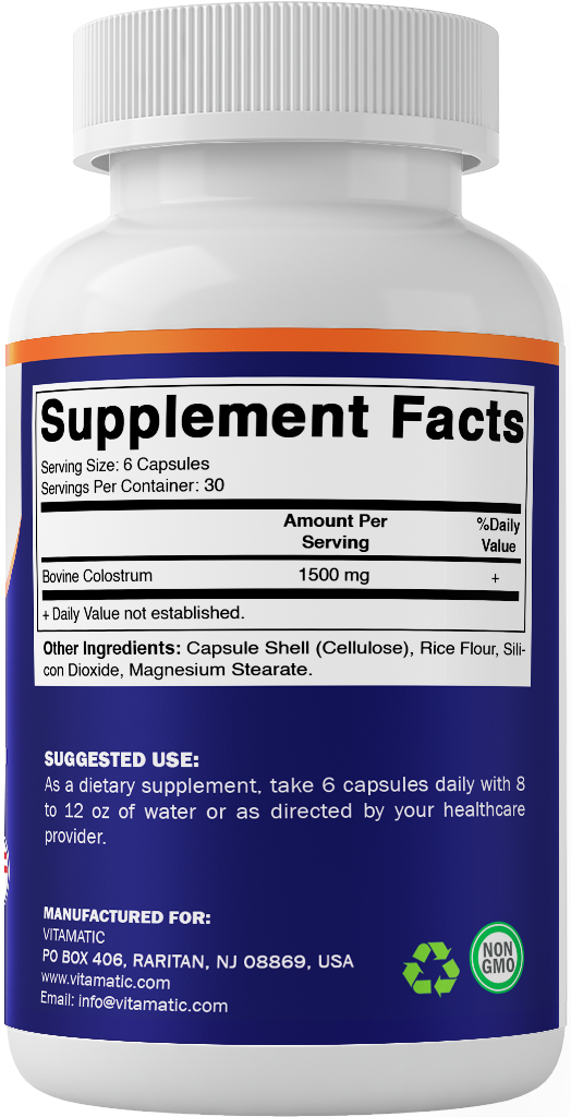 Vitamatic Bovine Colostrum 30% IgG Supplement 1500 mg per Serving-180 Veg Capsules