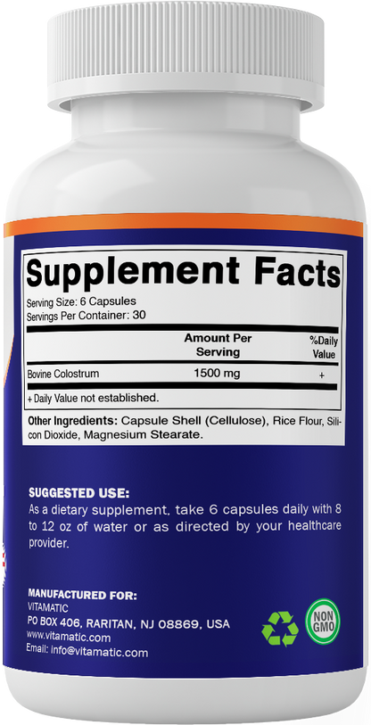 Vitamatic Bovine Colostrum 30% IgG Supplement 1500 mg per Serving-180 Veg Capsules