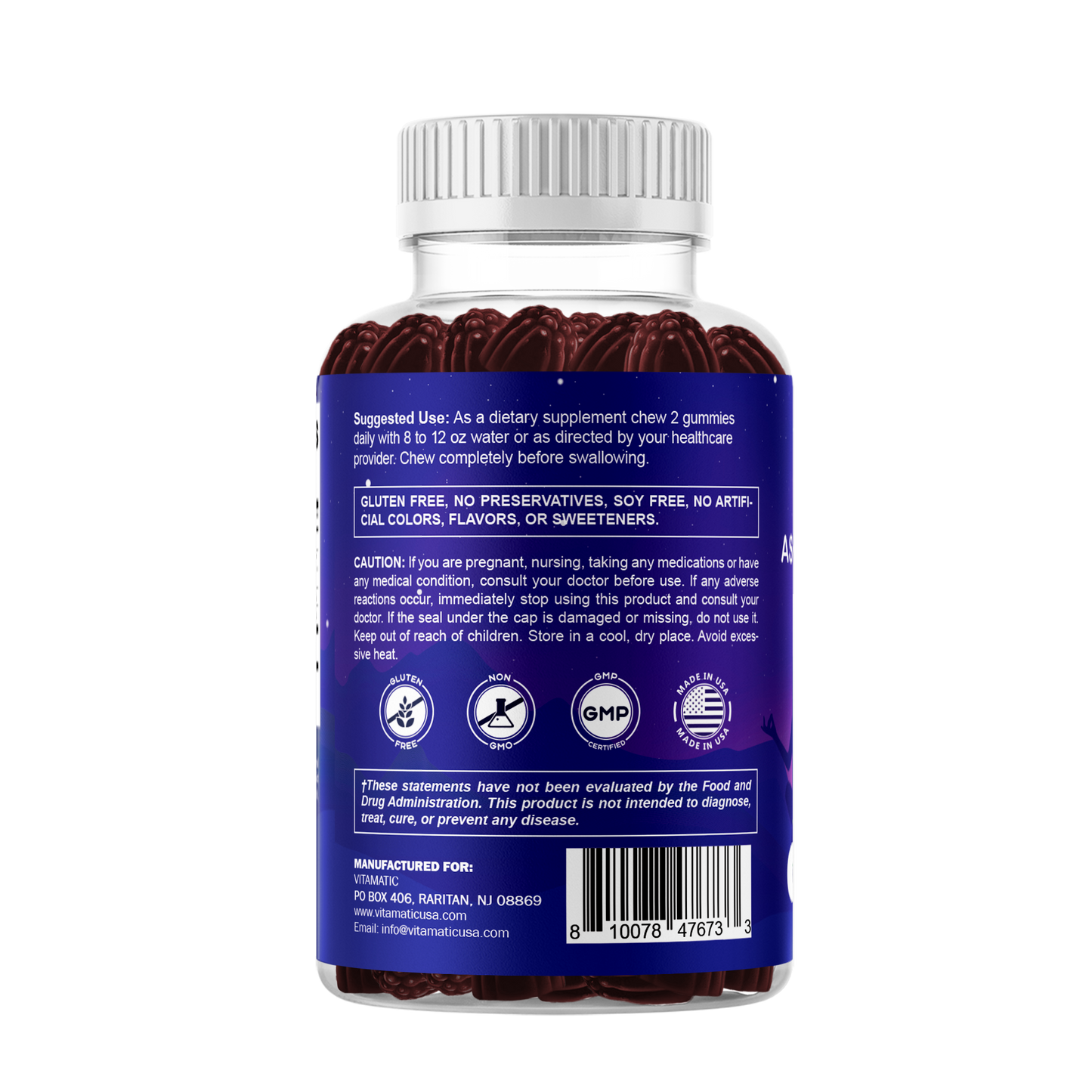 Vitamatic KSM-66® Ashwagandha + D3 Gummies – Natural Blue Raspberry Flavor – 60 Gummies