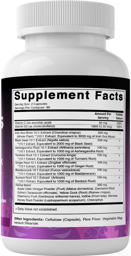 Sea Moss 3000mg with Black Seed Oil, Ashwagandha,  Turmeric, Bladderwrack, Burdock - 180 Veg Capsules