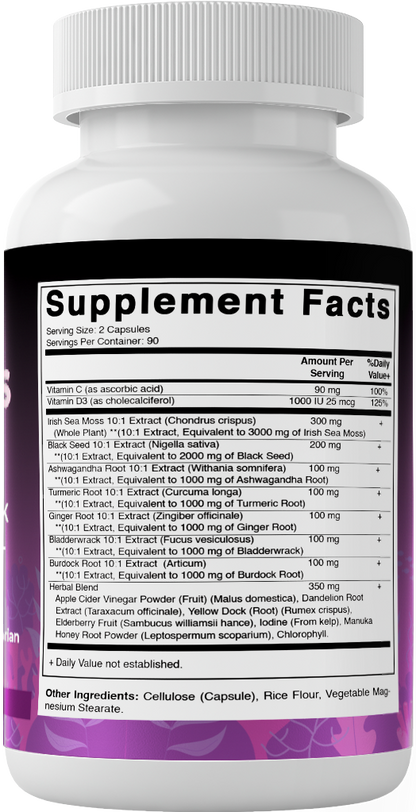 Sea Moss 3000mg with Black Seed Oil, Ashwagandha,  Turmeric, Bladderwrack, Burdock - 180 Veg Capsules