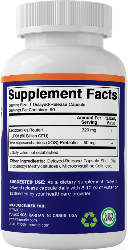Vitamatic Lactobacillus Reuteri 50 Billion CFU with XOS Prebiotic, 60 Delayed Release Capsules