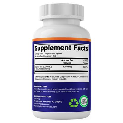 Vitamatic Vitamin D3 50,000 IU (as Cholecalciferol), 1250 mcg, 120 Veggie Capsules