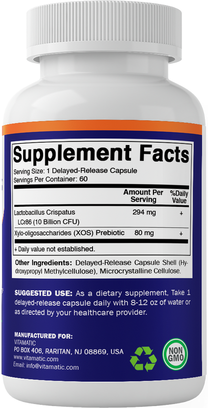 Vitamatic Lactobacillus Crispatus 10 Billion CFU with XOS Prebiotic - 60 Delayed Release Capsules