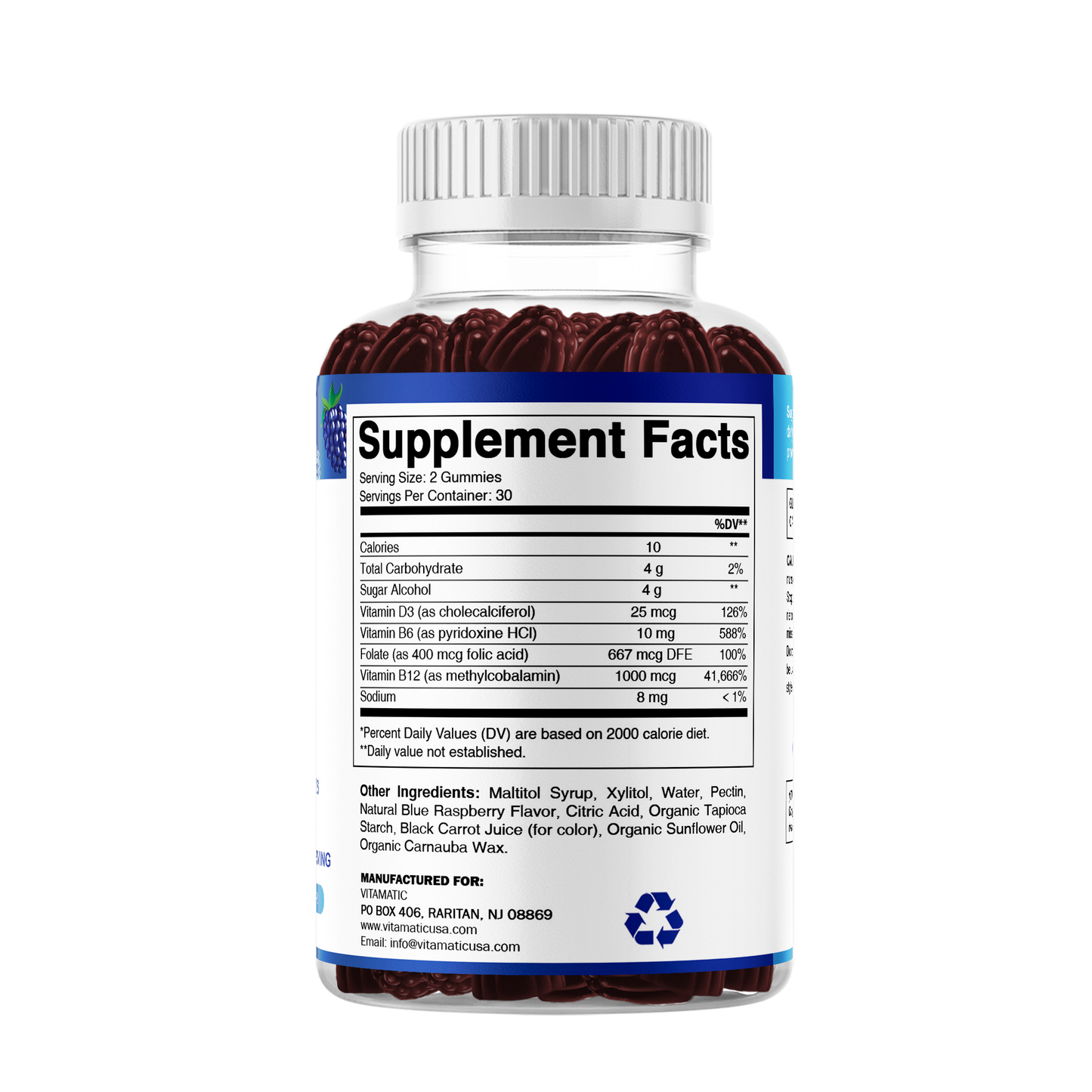 Vitamatic Vitamin D3 + B12 Gummies Made with Folate & Vitamin B6 - Natural Blue Raspberry Flavor – 60 Gummies
