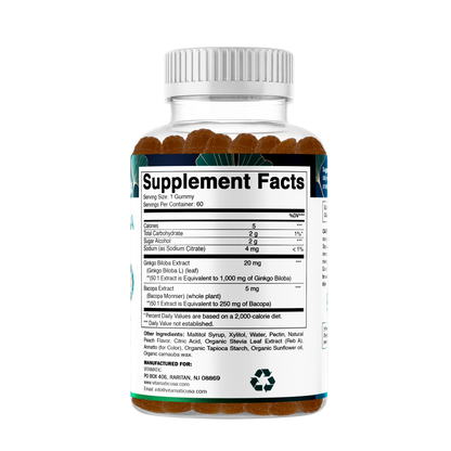 Ginkgo Biloba + Bacopa Gummies – 1250 mg Equivalent | Natural Peach Flavor | 60 Vegan Gummies