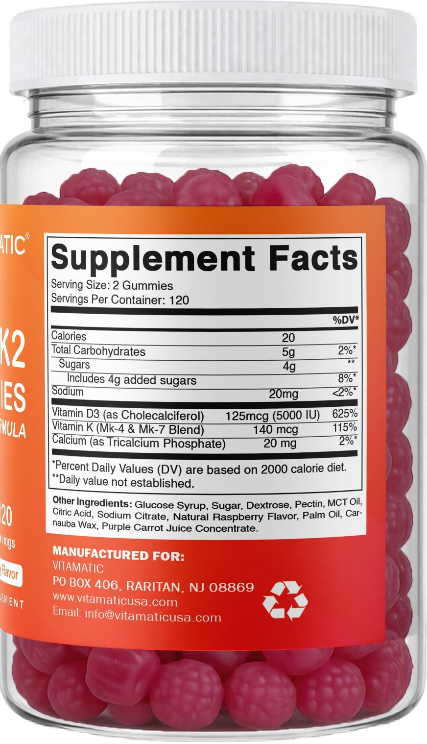 Vitamatic Vitamin D3 + K2 with Calcium Gummies, 240 Count