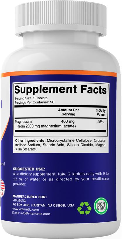 Magnesium Lactate 2000mg per Serving – 180 Tablets