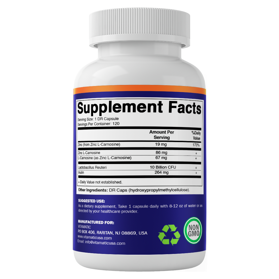 Zinc Carnosine with L. Reuteri 10 Billion CFU & Prebiotic Inulin 264 mg Digestive & Gut Health Support* - 120 Delayed-Release Capsules