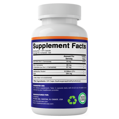 Zinc Carnosine with L. Reuteri 10 Billion CFU & Prebiotic Inulin 264 mg Digestive & Gut Health Support* - 120 Delayed-Release Capsules