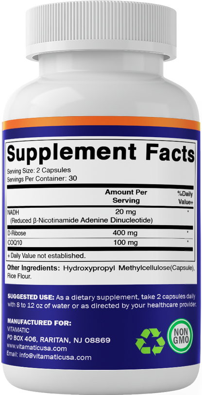 Vitamatic NADH 20mg with D-Ribose & CoQ10 – 60 Capsules, B-Nicotinamide Adenine Dinucleotide