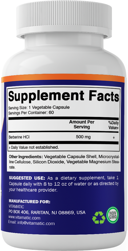 Vitamatic Berberine 500mg Supplement, 60 Veg Capsules