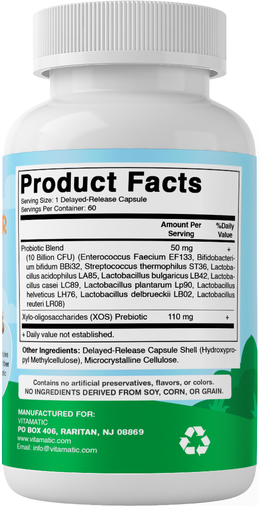 Vitamatic Pets Probiotic + Fiber for Dogs & Cats, 10 Billion CFU Multi-Strain Probiotic with XOS Prebiotic - 60 Delayed Release Capsules