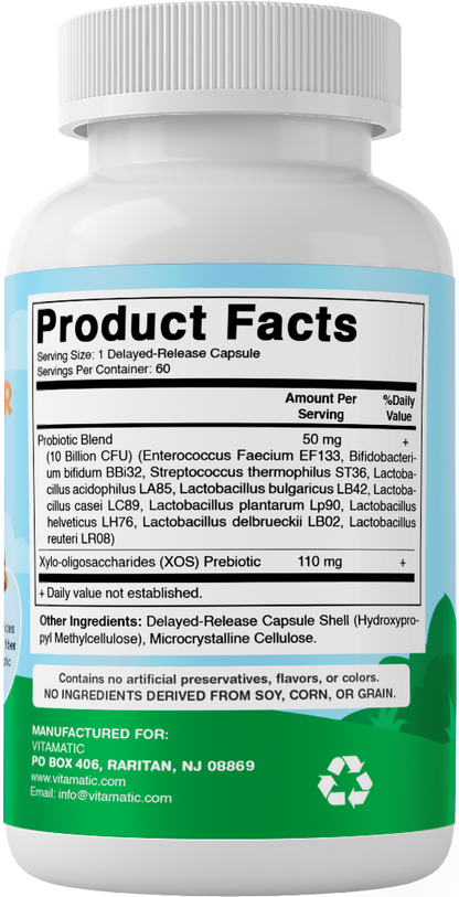 Vitamatic Pets Probiotic + Fiber for Dogs & Cats, 10 Billion CFU Multi-Strain Probiotic with XOS Prebiotic - 60 Delayed Release Capsules