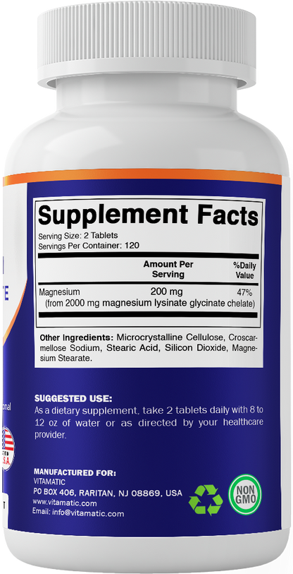 Vitamatic Magnesium as Glycinate Lysinate – 240 Tablets – 100% Chelated Magnesium