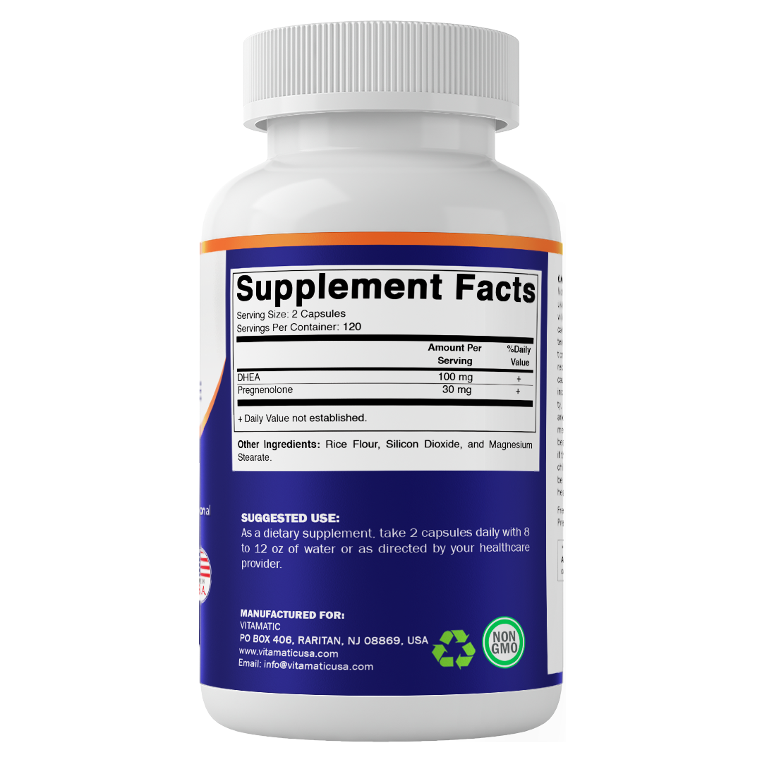 DHEA 100 mg + Pregnenolone 30 mg | 240 Capsules | Non-GMO | Made in USA