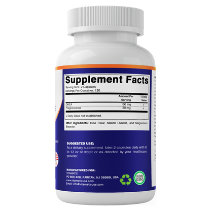 DHEA 100 mg + Pregnenolone 30 mg | 240 Capsules | Non-GMO | Made in USA