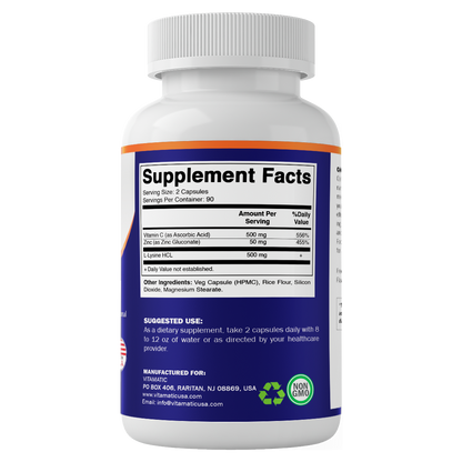 L-Lysine Complex 1000 mg with Vitamin C  & Zinc – 180 Vegetable Capsules